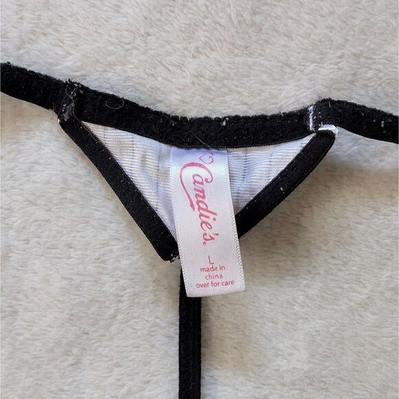 Lace Satin Bow G-String Thong Panties Women's Large Pink Black Sparkly Y2K - Picture 5 of 8